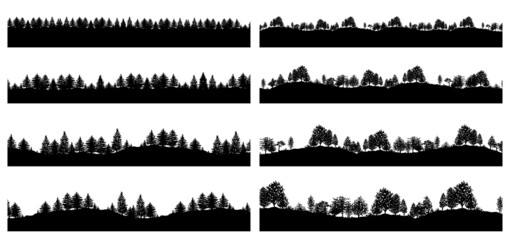 Forest trees silhouettes backgrounds set