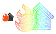 Crossing mesh burning house carcass icon with spectrum gradient. Bright carcass network burning house icon. Flat model created from burning house icon and crossing lines.