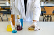 © Westend61 - Young female scientist with object plate and laboratory equipment at desk