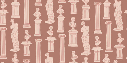 Wall Mural - Vector seamless pattern in doodle cartoon style with ancient monuments, statues, busts in brown. Museum pattern for adults and kids