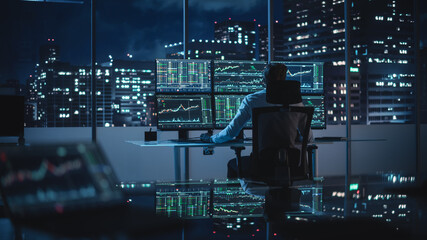 Poster - Financial Analyst Working on Computer with Multi-Monitor Workstation with Real-Time Stocks, Commodities and Exchange Market Charts. Businessman Deliberating on Next Investment Trade in a Bank Office.