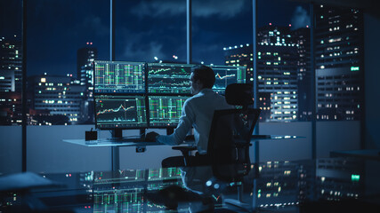 Poster - Financial Analyst Working on Computer with Multi-Monitor Workstation with Real-Time Stocks, Commodities and Exchange Market Charts. Mastermind Businessman Deliberating on Next Investment Trade.