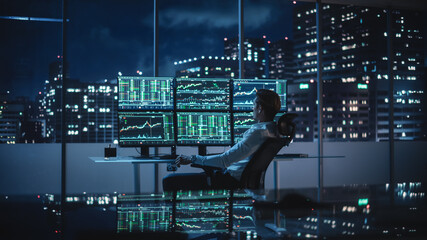 Poster - Financial Analyst Working on Computer with Multi-Monitor Workstation with Real-Time Stocks, Commodities and Exchange Market Charts. Mastermind Businessman Deliberating on Next Investment Trade.
