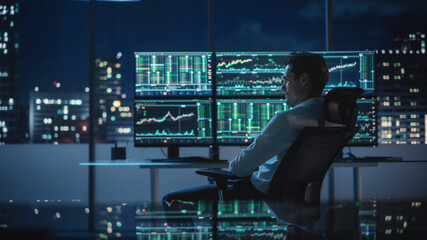 Poster - Financial Analyst Working on Computer with Multi-Monitor Workstation with Real-Time Stocks, Commodities and Exchange Market Charts. Businessman Deliberating on Next Investment Trade in a Bank Office.