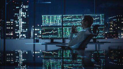 Poster - Financial Analyst Working on a Computer with Multi-Monitor Workstation with Real-Time Stocks, Commodities and Exchange Market Charts. Businessman Works in Investment Bank Downtown Office at Night.