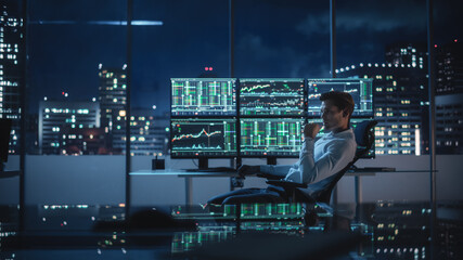Poster - Financial Analyst Working on a Computer with Multi-Monitor Workstation with Real-Time Stocks, Commodities and Exchange Market Charts. Businessman Works in Investment Bank Downtown Office at Night.