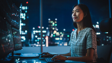 Poster - Portrait of a Financial Analyst Working on Computer with Multi-Monitor Workstation with Real-Time Stocks, Commodities and Exchange Market Charts. Businesswoman at Work in Investment Broker Agency.