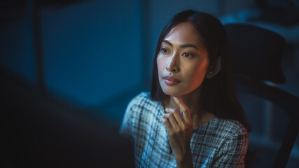 Poster - Portrait of a Financial Analyst Working on Computer with Multi-Monitor Workstation with Real-Time Stocks, Commodities and Exchange Market Charts. Businesswoman at Work in Investment Broker Agency.
