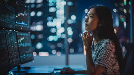 Poster - Portrait of a Financial Analyst Working on Computer with Multi-Monitor Workstation with Real-Time Stocks, Commodities and Exchange Market Charts. Businesswoman at Work in Investment Broker Agency.