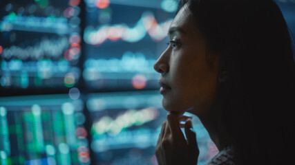 Poster - Close Up Portrait of Financial Analyst Working on Computer with Multi-Monitor Workstation with Real-Time Stocks, Commodities and Exchange Market Charts. Businesswoman at Work in Investment Agency.