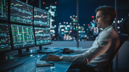 Poster - Financial Analyst Working on a Computer with Multi-Monitor Workstation with Real-Time Stocks, Commodities and Exchange Market Charts. Businessman Works in Investment Bank Downtown Office at Night.