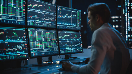 Poster - Financial Analyst Working on a Computer with Multi-Monitor Workstation with Real-Time Stocks, Commodities and Exchange Market Charts. Businessman Works in Investment Bank Downtown Office at Night.