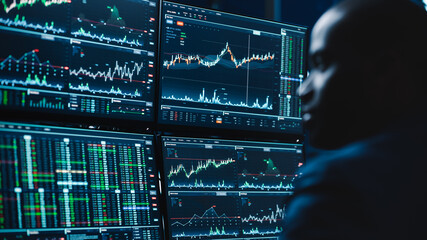 Poster - Close Up Portrait of Financial Analyst Working on Computer with Multi-Monitor Workstation with Real-Time Stocks, Commodities and Exchange Market Charts. Businesswoman at Work in Investment Agency.