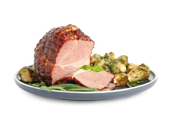 Delicious ham with brussels sprouts and rosemary isolated on white