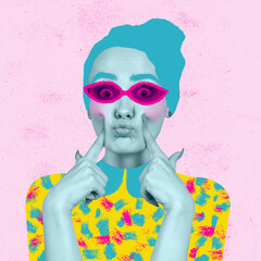 Young beautiful girl wearing digital eyewear and bright outfit. Contemporary colorful and conceptual bright art collage.