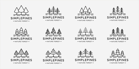 Wall Mural - set of pines tree logo line art simple vector illustration template icon graphic design. bundle coll