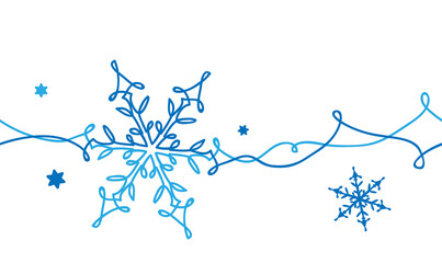 Wall Mural - Snowflakes decorative vector border for Christmas and New Year celebration. One line art design of snowflakes in blue and white colors. Continuous line drawing