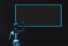 Three Dimensional Render Of Gynoid Pointing At Blank Digital Display