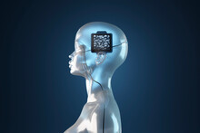 Three Dimensional Render Of Gynoid With Computer Chip Inside Its Head