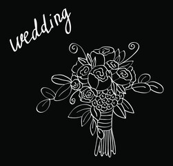 Wall Mural - Wedding, chalk bouquet of flowers   on dark background. Concept for logo, print 