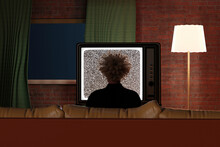 Three Dimensional Render Of Woman Sitting In Living Room At Night And Watching Television Static