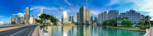 MIAMI - MARCH 2018: Downtown Miami At Sunrise From Brickell Key, Florida Panoramic View..