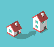 Small And Big Houses And Arrow. Moving House, Increase, Expanding, Improvement, Real Estate, Home Purchase And Migration Concept. Flat Design. EPS 8 Vector Illustration, No Transparency, No Gradients