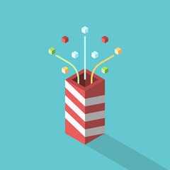 Isometric party popper exploding with confetti. Celebration, event, holiday, birthday, New Year or Christmas concept. Flat design. EPS 8 vector illustration, no transparency, no gradients