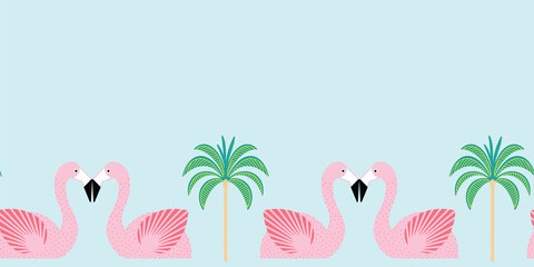  Flamingo float border repeat with geometric mid century palm tree illustrations inspired by a Palm Springs pool party. Vector illustration in pink, turquoise blue and green colors. Fun and cute summer