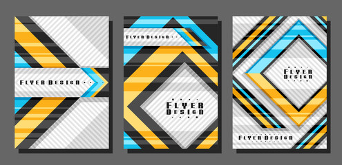 Wall Mural - Vector Flyers Set, 3 colorful layouts with decorative rhomb shapes with copy space for text on grey striped background, collection of minimal design flyer templates for corporate business company
