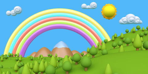 Wall Mural - Cartoon summer green landscape with rainbow. Colorful modern minimalistic concept render. Stylized funny children clay, plastic or wood toy. Realistic fashion 3d illustration for background game.