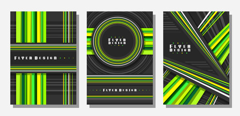Wall Mural - Vector Flyers Set, 3 colorful layouts with decorative triangle shape with copy space for text on dark abstract background, collection of minimal design flyer templates for corporate business company