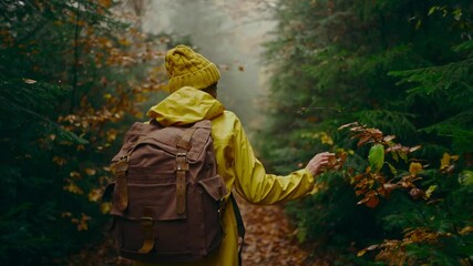 slow motion camera follows woman hiker in yellow raincoat. attractive happy young girl with backpack