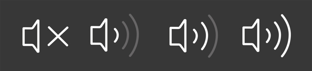 Poster - An icon that increases and reduces the sound. Icon showing the mute. A set of sound icons with different signal levels in a flat style. Vector white icon.