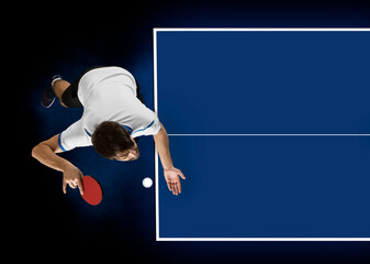 Wall Mural - Man playing ping pong. Top view. Copy space background