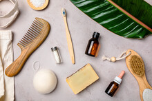 Collection Of Eco-friendly Personal Care Objects Flat Laid Against White Background
