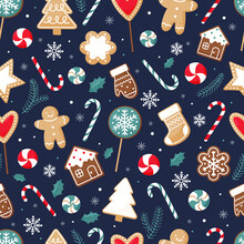 Seamless Christmas Pattern With Gingerbread Cookies And Sweets.