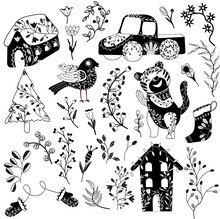 Cozy Black And White Christmas Collection, Folk Tiger, Bird, Berries, Tree, Christmas Truck, Christmas Houses, Tree Branches. Winter Greeting Card. Vector Icons
