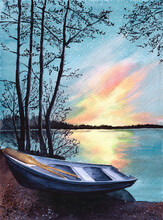 Watercolor Illustration Of A Wooden Fishing Boat On The Shore Of A Blue Lake, With A Yellow And Pink Sunset Sky Reflected In The Water And Distant Shore