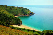 Lantic Bay Cornwall England Beautiful UK Secluded Beach With Blue Turquoise Sea And Yachts