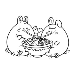 Cute happy funny rabbits couple eat ramen from bowl. Vector doodle coloring cartoon kawaii character illustration icon design.Bunny couple in love page for coloring book. Isolated on white background