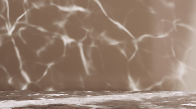Wall Mural - Shadow and light, water caustic texture on wall, summertime vibes minimal interior for cosmetic product presentation, 3d rendering object display mockup