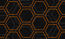 Dark Gray And Orange Hexagonal Technology Abstract Background. Grey Hexagon Patern Futuristic Modern Background. Gray And Orange Honeycomb Texture Grid. Vector Illustration.