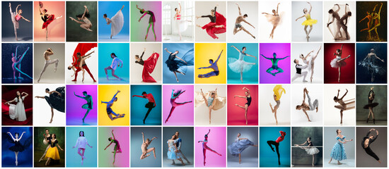 Wall Mural - Art collage made of portraits of female and male ballet dancers in stage costumes dancing isolated on multicolored background in neon light.