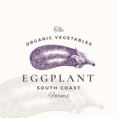 Wall Mural - eggplant badge or logo template. hand drawn vegetable sketch with retro typography. premium plant ba
