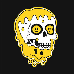 Wall Mural - Melt distortion smile face skull inside. Vector hand drawn doodle line cartoon character illustration. Smile emoji face,skull in head print for t-shirt, poster,sticker,cover,card concept