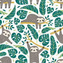 Hand Drawn Seamless Vector Pattern With Cute Sloths And Tropical Palm Leaves. Perfect For Textile, Wallpaper Or Print Design.