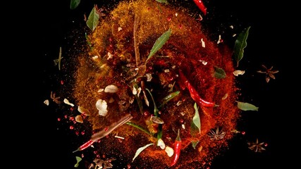 Poster - Super slow motion of rotating spices mix on black background. Ultimate realistic twister motion, studio shot. Filmed on high speed cinema camera, 1000 fps