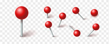 Red Ball Pins Sticking Out Of The Paper. Vector Collection. Realistic Illustrations Of Pushpins With Red Balls And Shadows Isolated On Checkered Background. Decorations For Photo Collage.