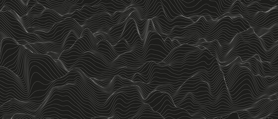 Poster - abstract background with distorted line shapes on a black background. monochrome sound line waves.